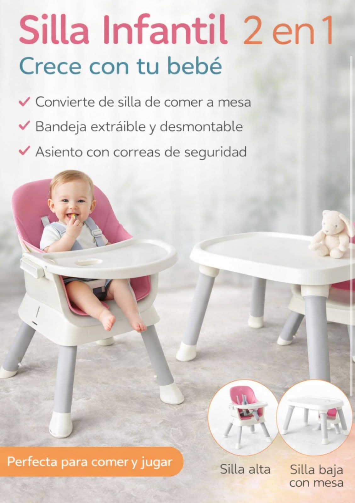 Silla alta para comer 3 en 1 en gris