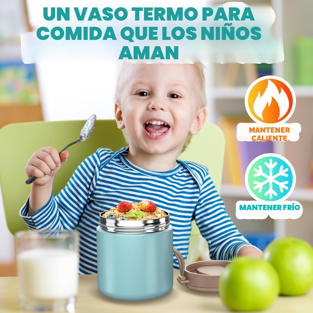 Termo para niños de comida caliente - 15.2oz con cuchara plegable y mango