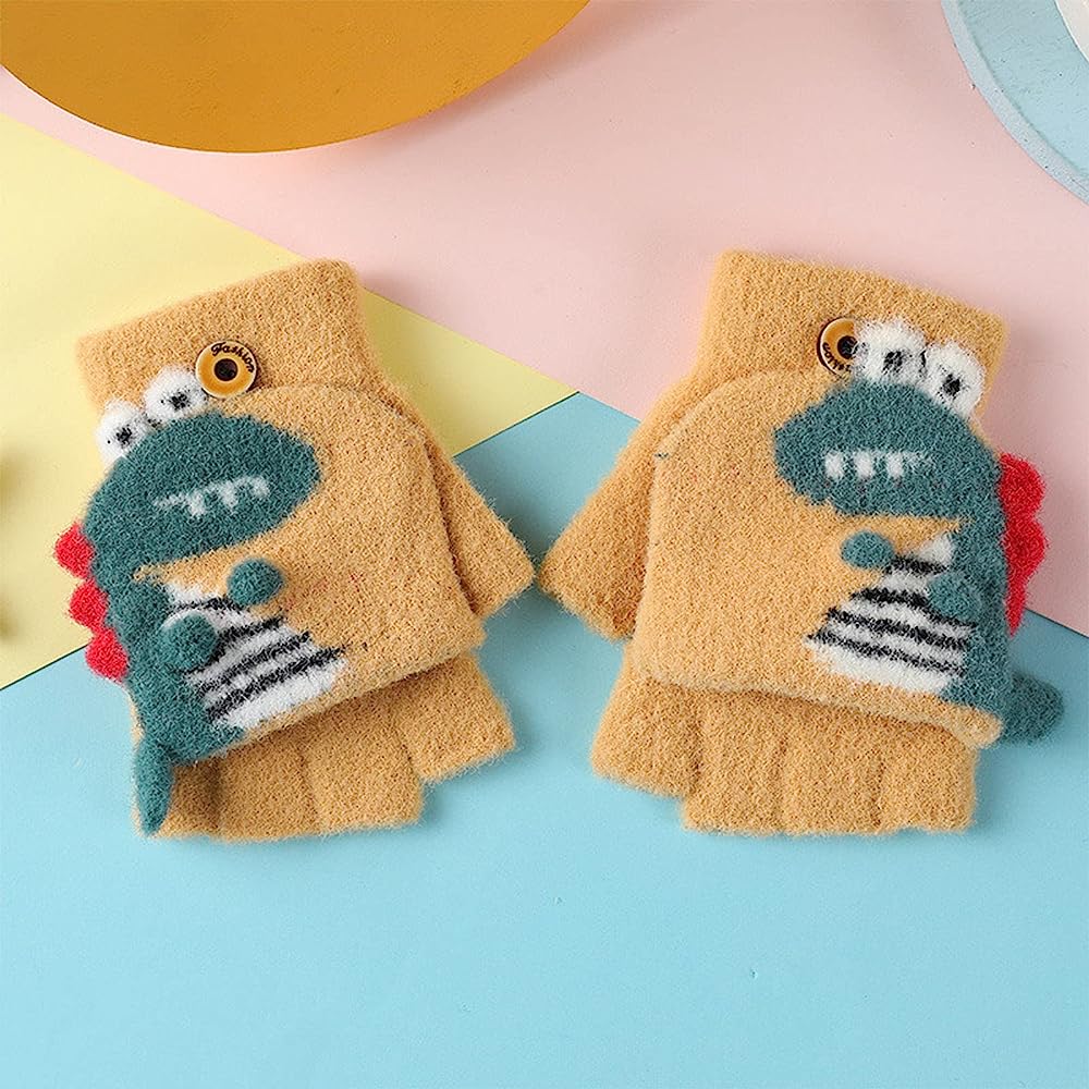 Qinweilu- Guantes amarillos de invierno para niños, dinosaurio