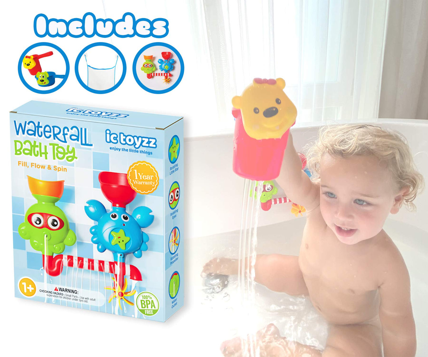ic toyzz Juguetes de baño para bebés - Juguetes de bañera de cascada con ventosa de llenado, giro y flujo