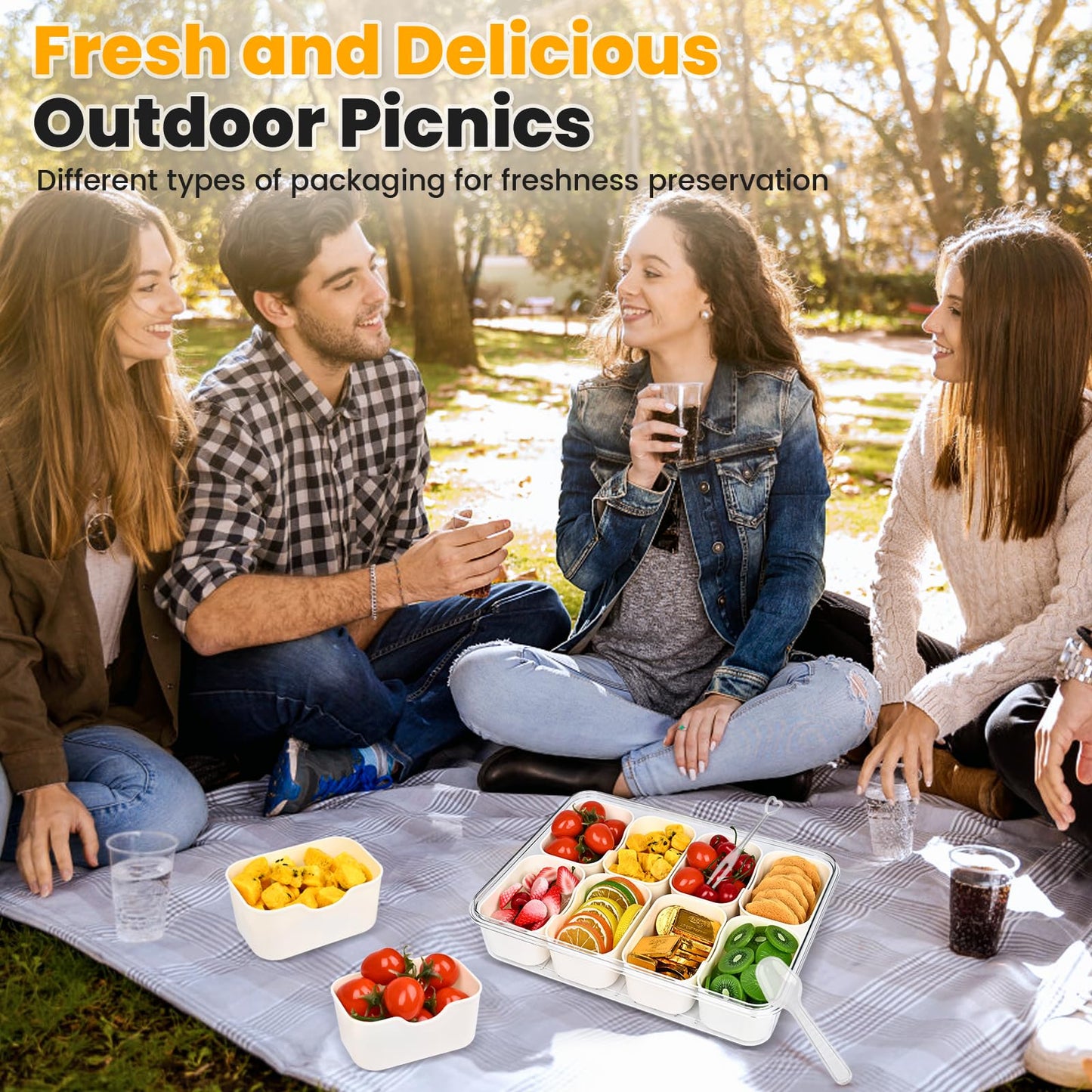 Bandeja dividida para servir con tapa, contenedor de caja de aperitivos con tapa