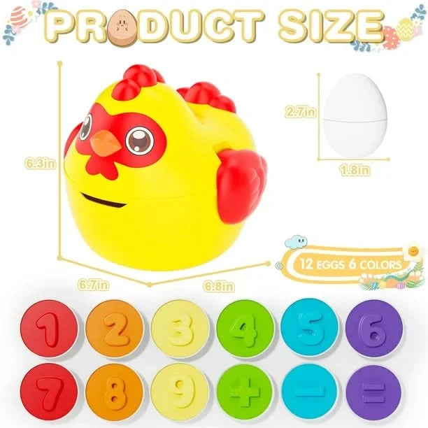 Juguete de gallina con huevos con formas y números