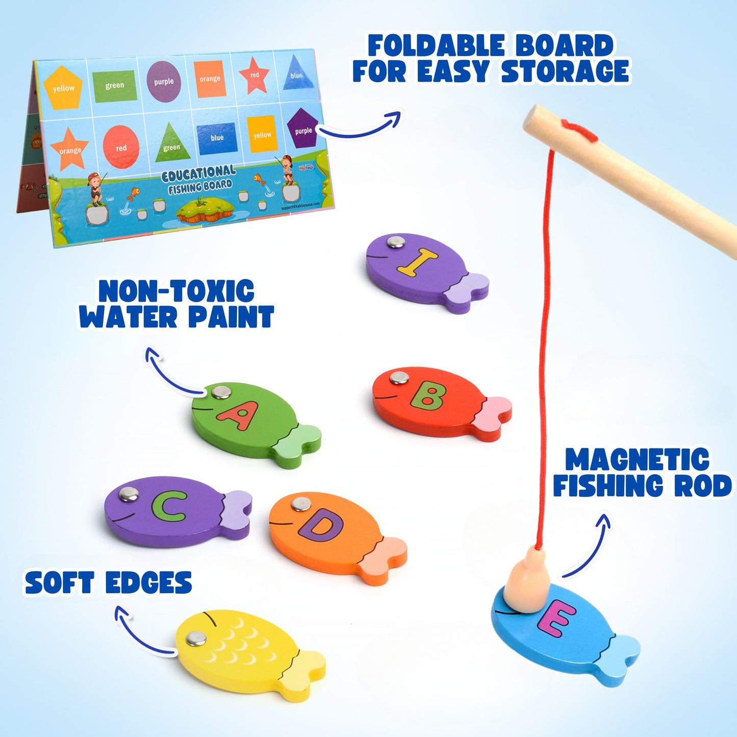 Haktoys - Juego de pesca de madera del alfabeto, letras ABC, números, formas, colores