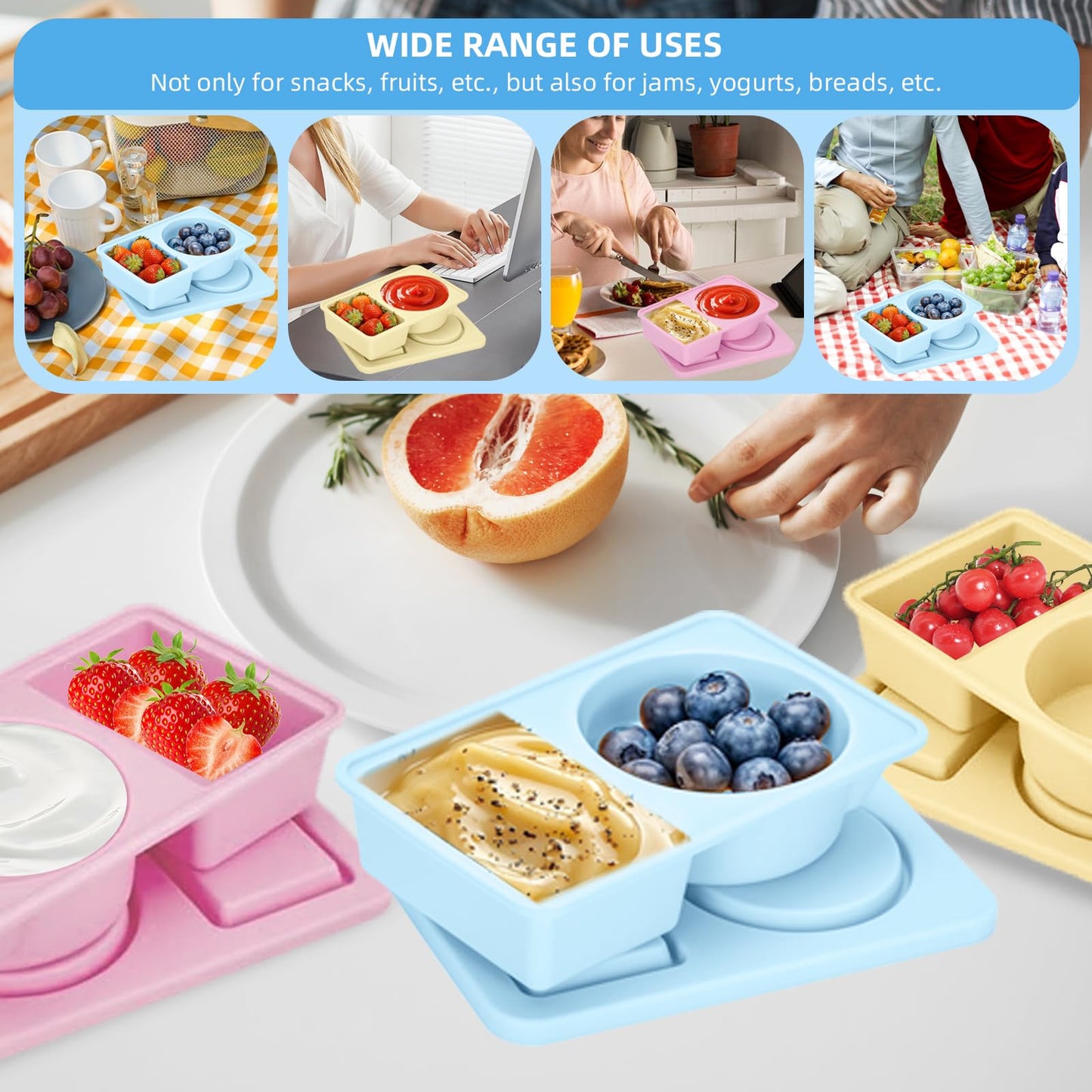 Paquete de 3 recipientes de silicona reutilizables con tapas, pequeñas mini cajas de aperitivos de alimentos