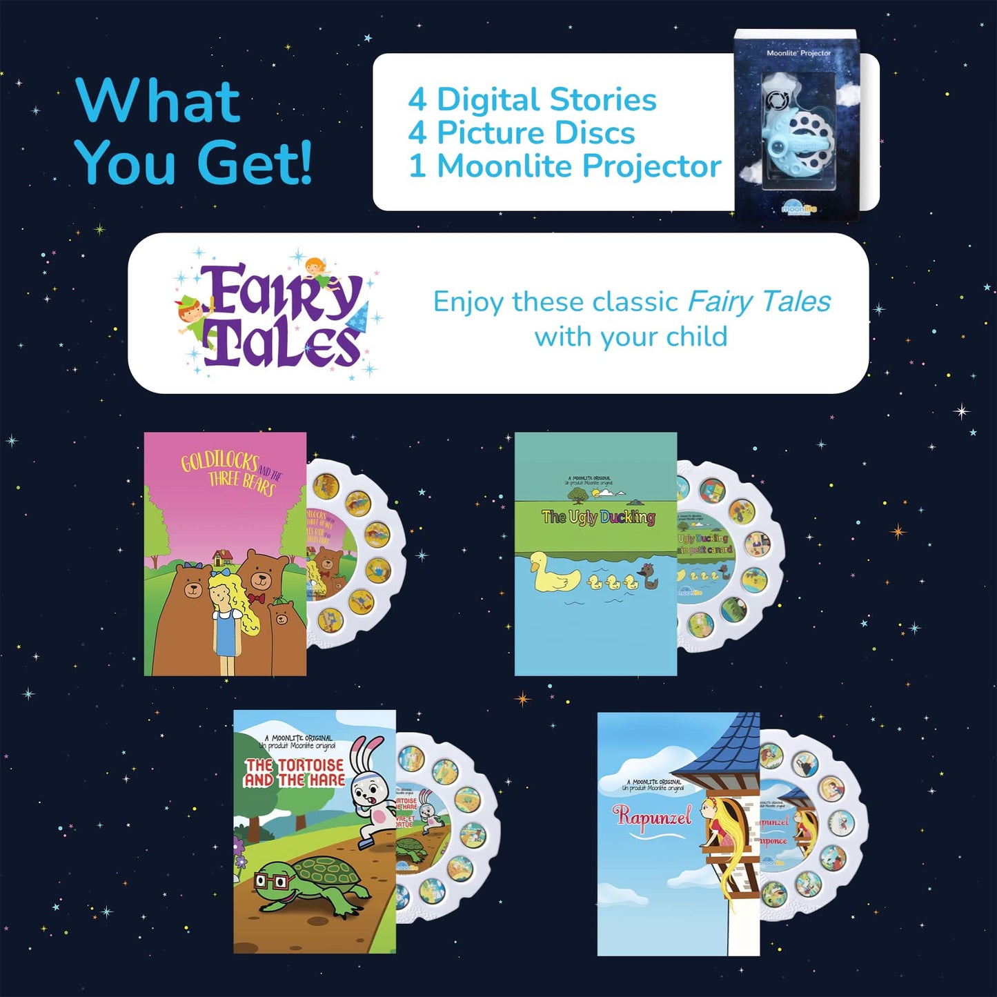Proyector de cuentos Moonlite con 4 historias de cuentos de hadas