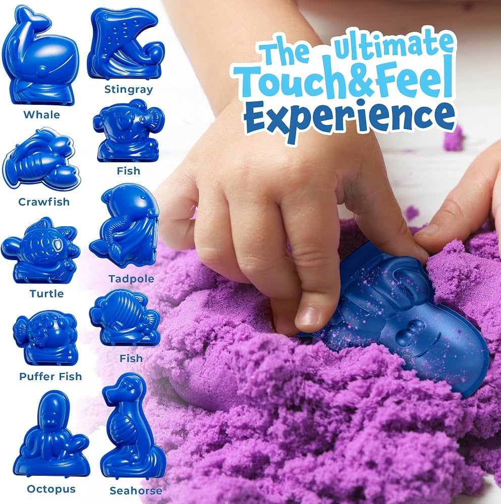 Arena mágica para niños: kit de juego sensorial con 8 colores e incluye 10 moldes con temática submarina