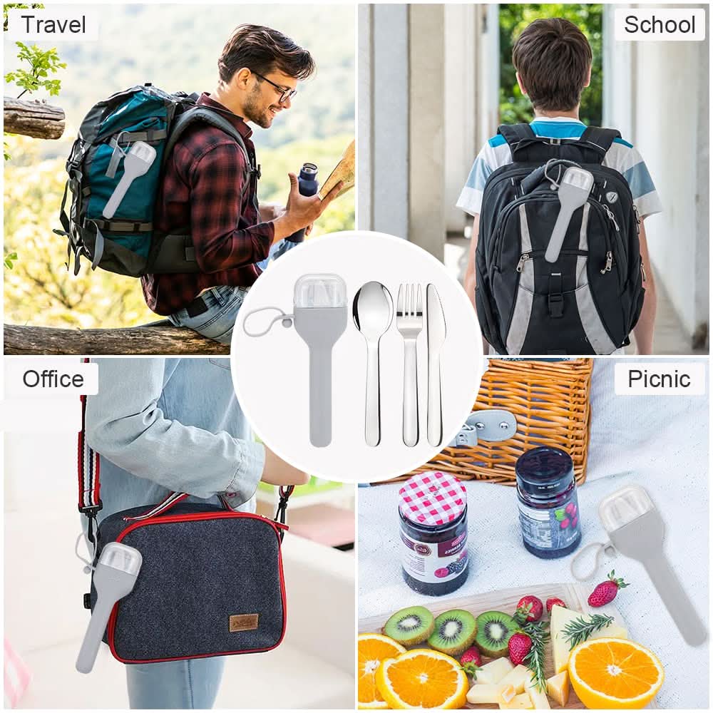 Juego de utensilios tenedor y cuchara de acero inoxidable, cubiertos con estuche de silicona