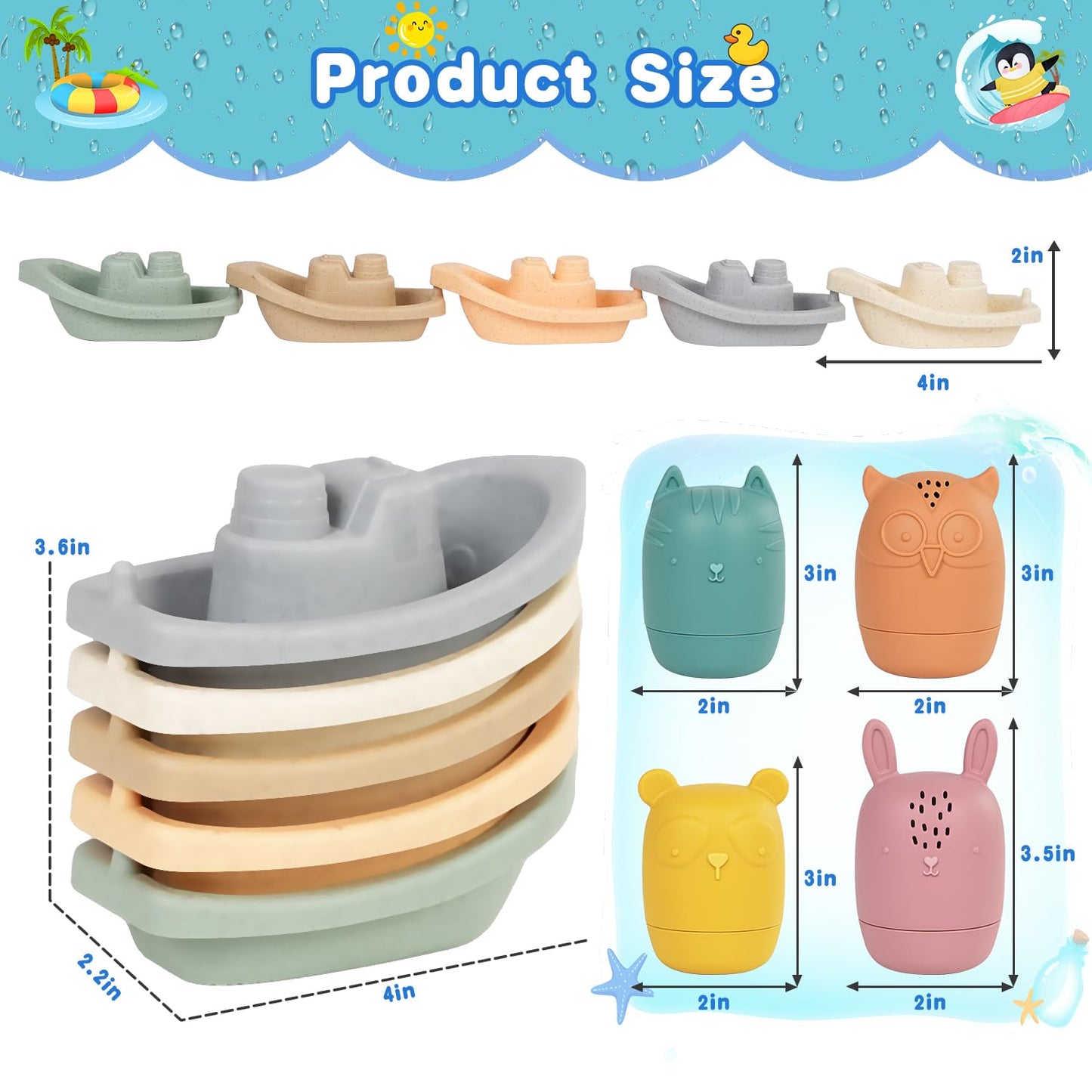 9 piezas flotantes apilables para tina, ducha, piscina, playa, juguetes para niños pequeños de 1 a 3 años