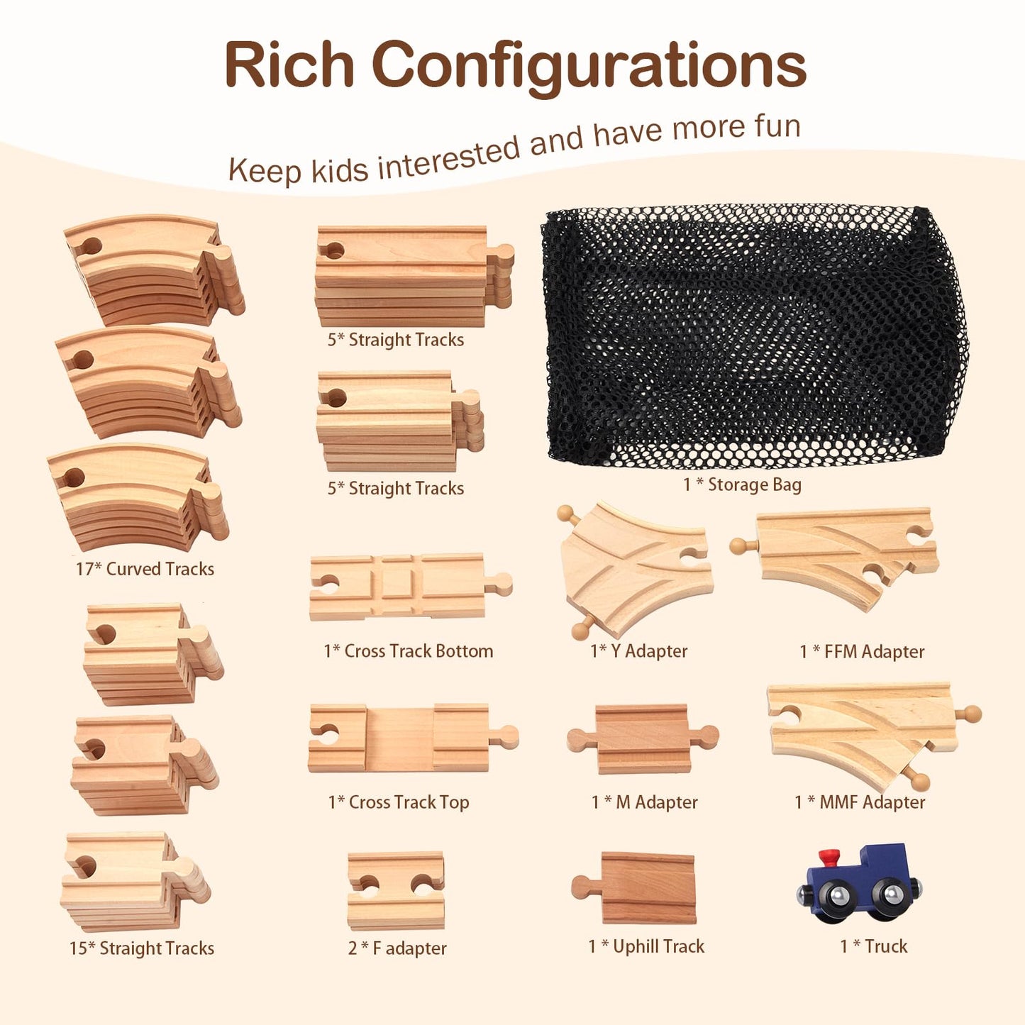Juego de 53 vías de tren de madera, paquete de expansión de accesorios de tren de madera