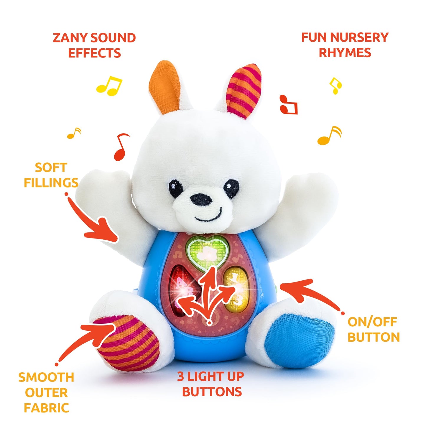 Kiddolab Juguete de peluche Bouncy Bunny – Animales de peluche musicales con 3 botones iluminados
