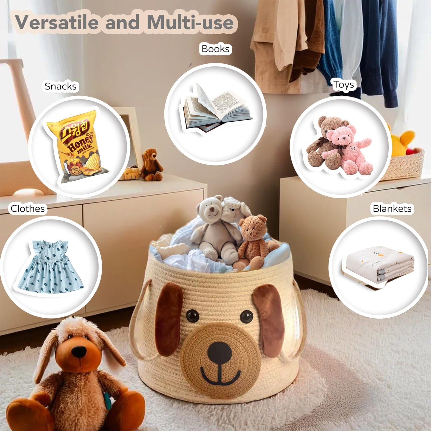 Cesta grande tejida para perros con asas, contenedor de almacenamiento de juguetes