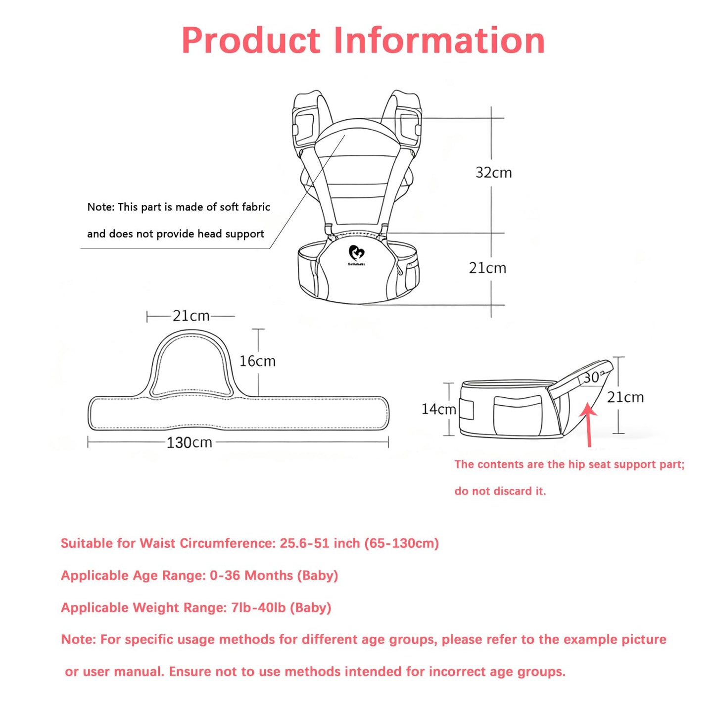 Portabebés multifuncional Bellababy con asiento de cadera (posición ergonómica en M) para bebés de 3 a 36 meses