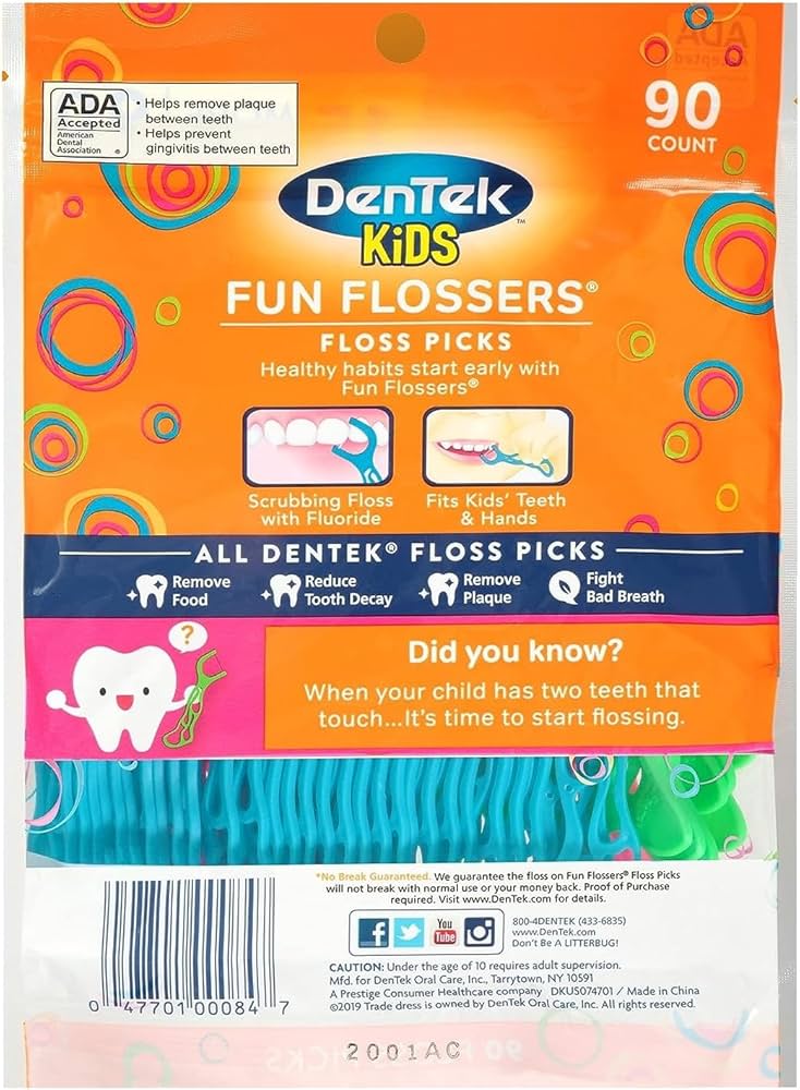 DenTek Fun Flossers - Palillos de hilo dental para niños con sabor a fruta silvestre, 90 unidades