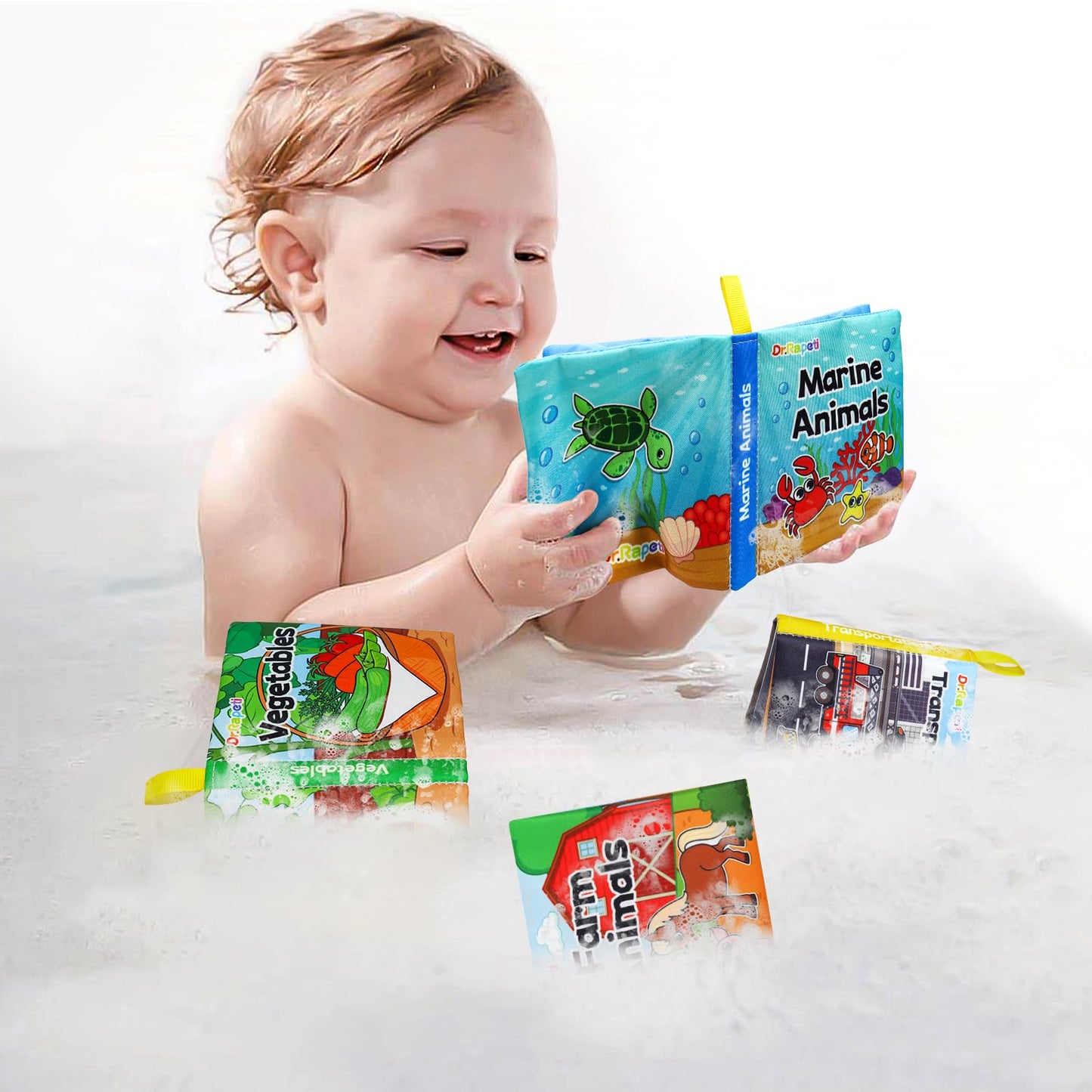 Dr.Rapeti Paquete de 8 libros de tela suave, libros de baño para bebés, lavables, masticables