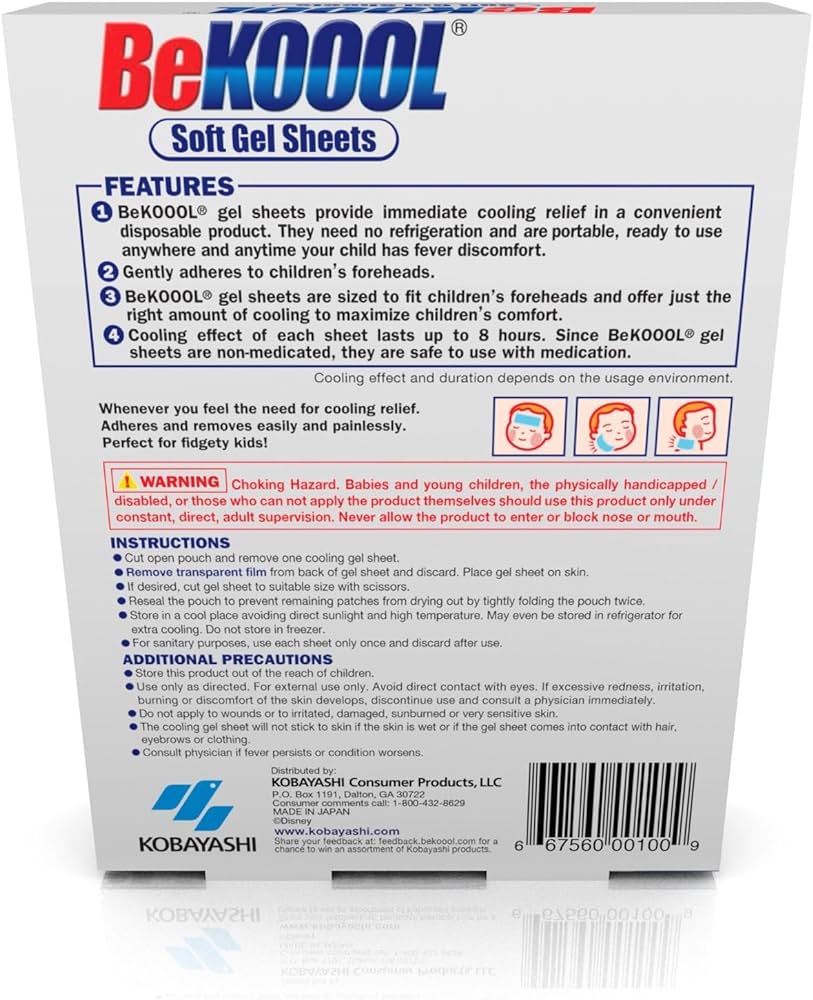 BEKOOOL Hojas de gel suave para niños para aliviar el enfriamiento de las molestias de la fiebre | 4 unidades