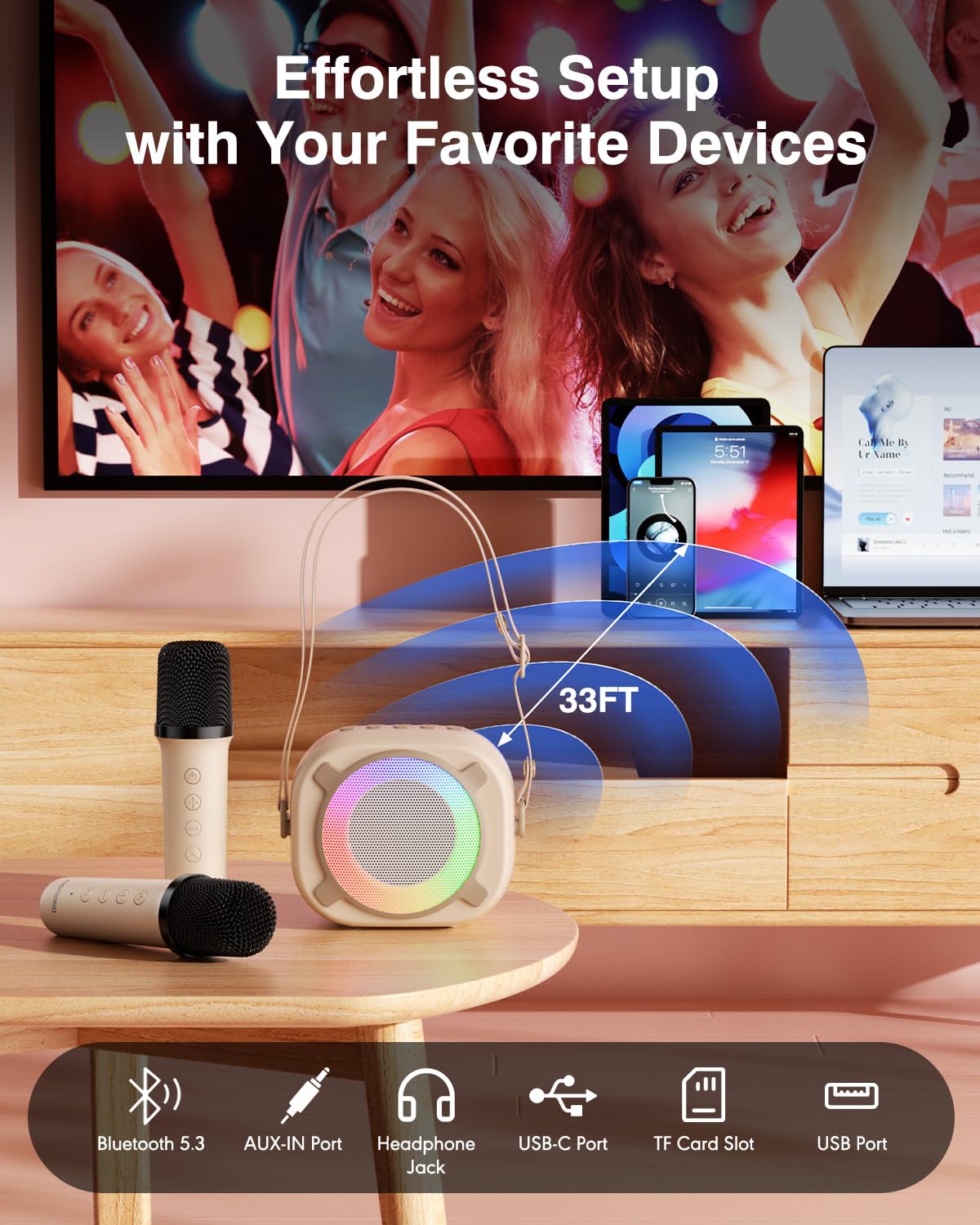 Máquina de karaoke para niños, mini altavoz Bluetooth portátil con 2 micrófonos inalámbricos y luces LED