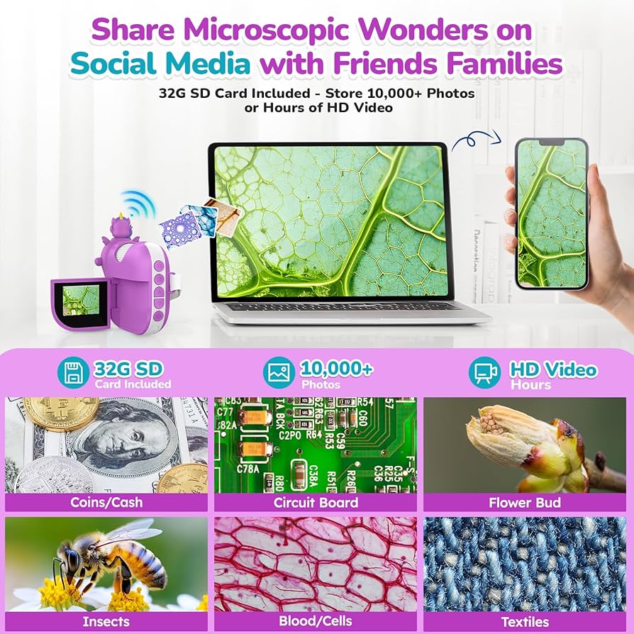 Microscopio digital para niños, miniscopio de mano, pantalla 4K de 2.0" pulgadas, recargable, 1000X