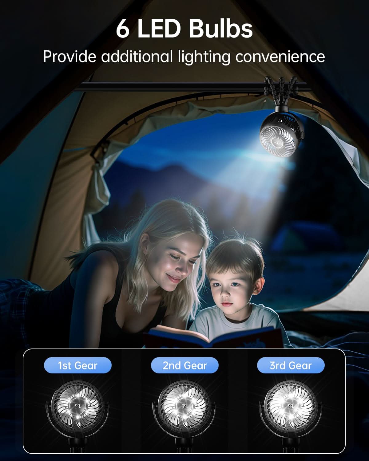 Mini ventilador portátil para cochecito de viaje, rotación de 360°, luz nocturna LED de 4 velocidades