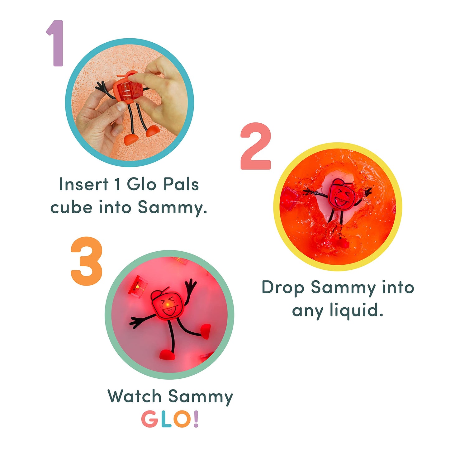 Glo Pals Sammy Juguete de baño activado por agua con 6 cubos iluminados reutilizables para juego sensorial