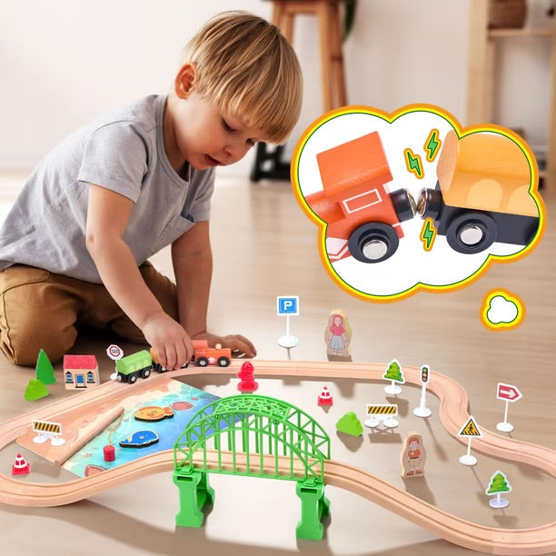 Circuito de tren de madera TikTiles de 61 piezas con vía de doble cara