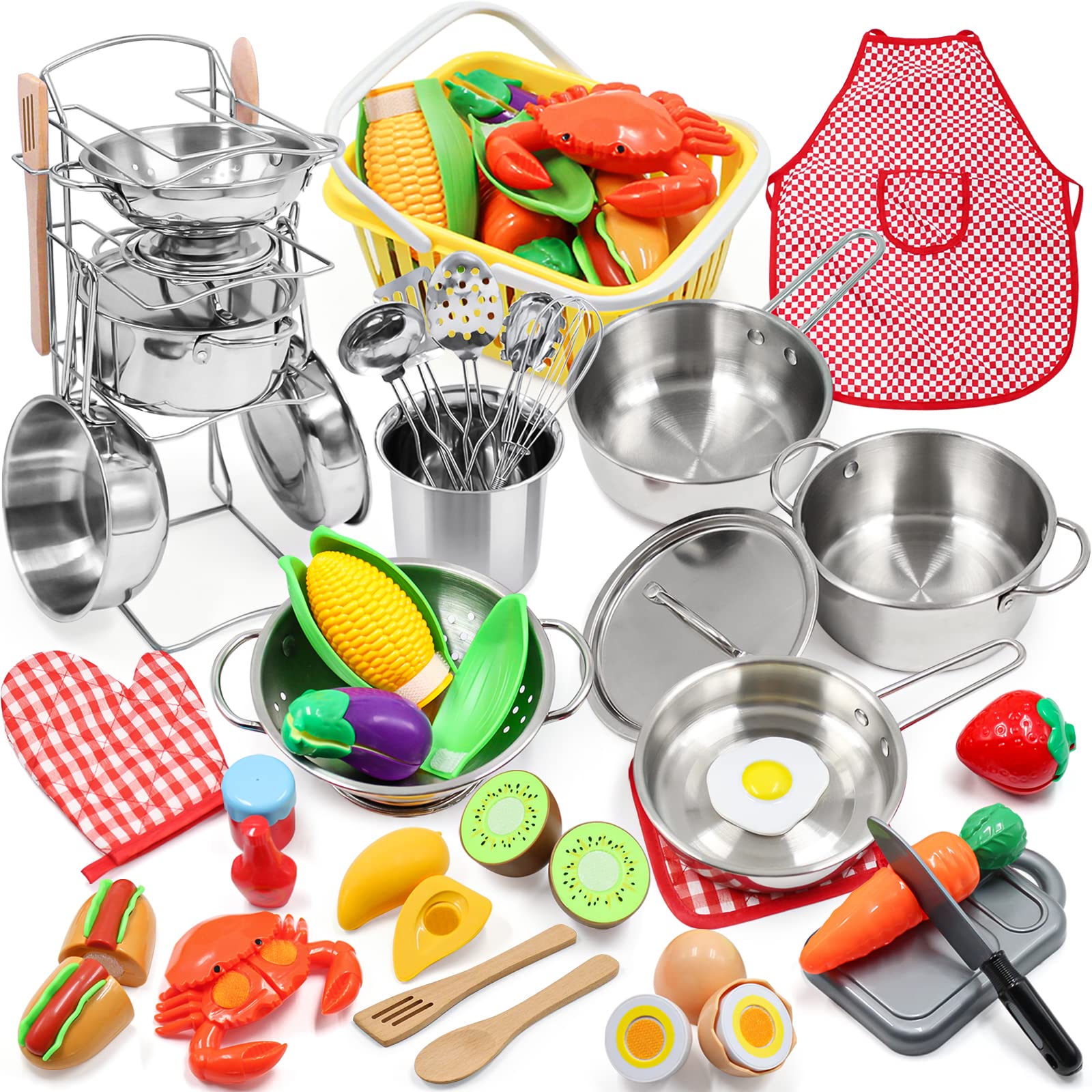 Set De Cocina De Juguete De 32 Piezas Para Niños – Delantal, Gorro, Utensilios Y Alimentos De Madera – Juego De Roles De Chef Con Frutas Y Verduras Desmontables