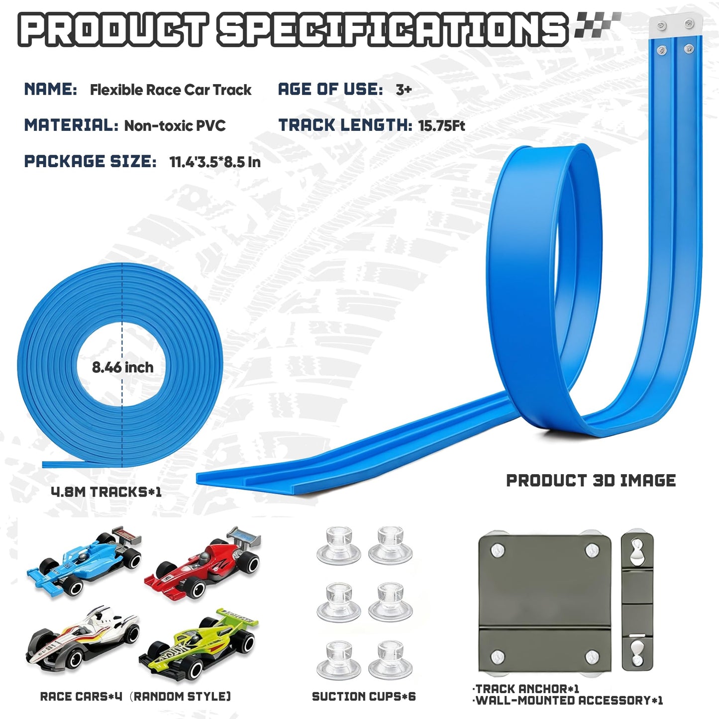 Pista flexible de 15.75 pies para niños, pista de carreras compatible con Hot Wheels y coches de metal