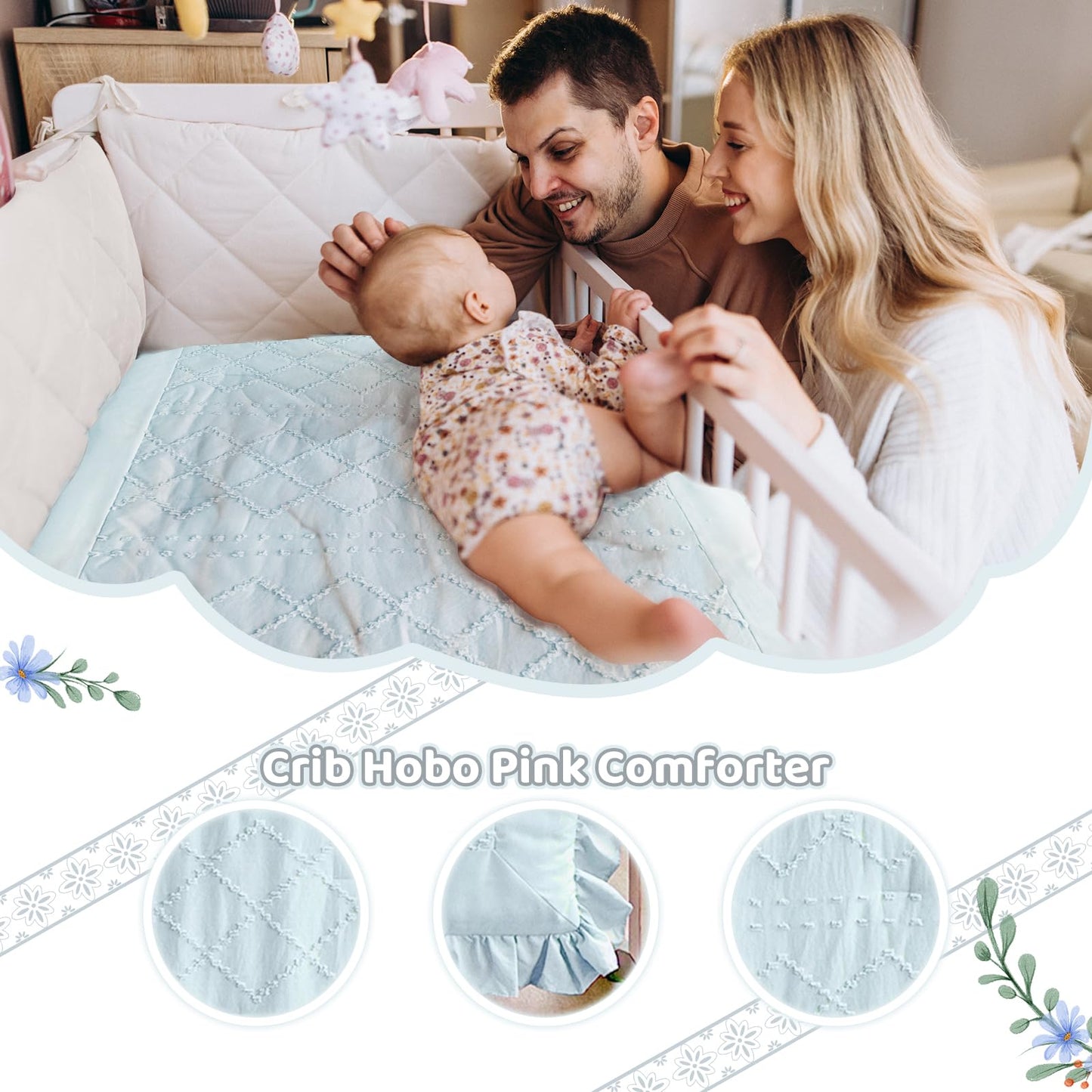 Juego de cama de cuna para bebé para niñas, juego de 3 piezas con volantes estilo bohemio
