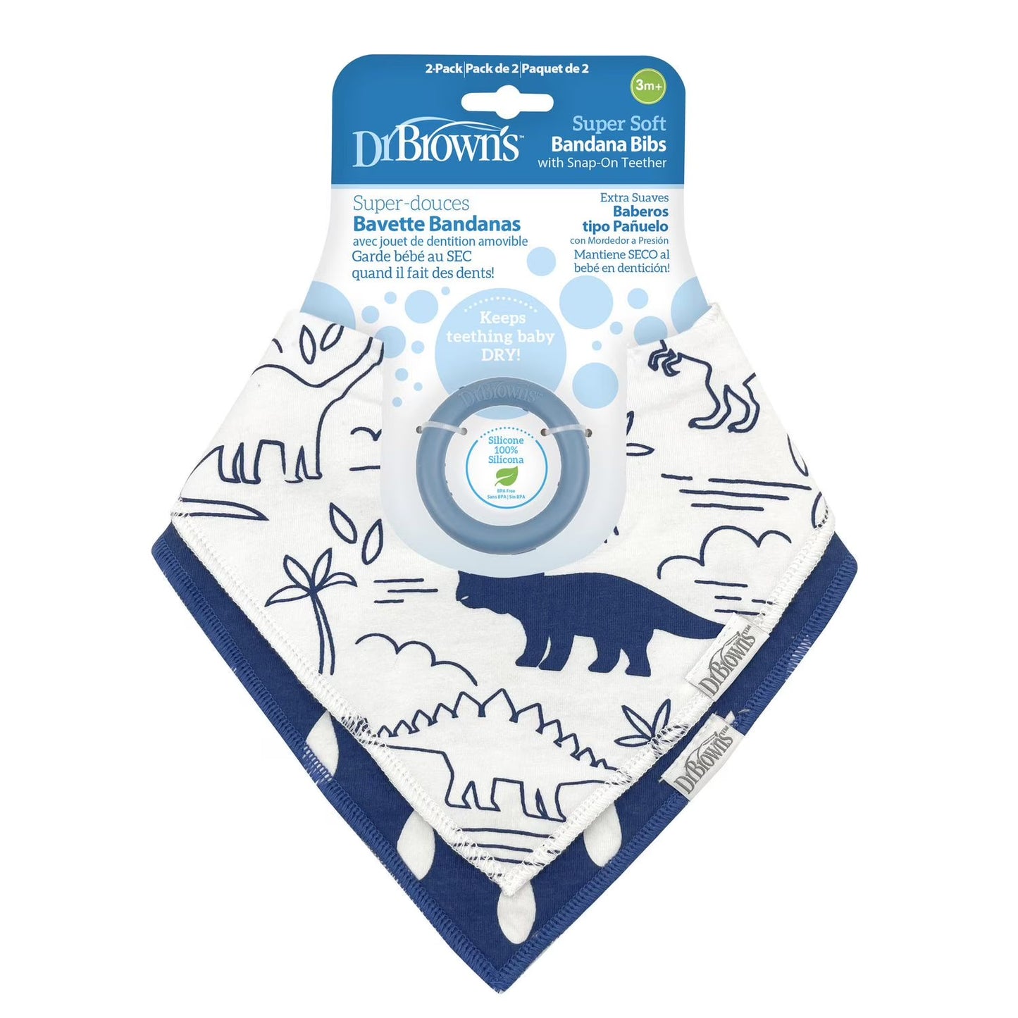 Babero bandana Dr. Brown’s™ con mordedor a presión, dinosaurios y gotas azules (paquete de 2)
