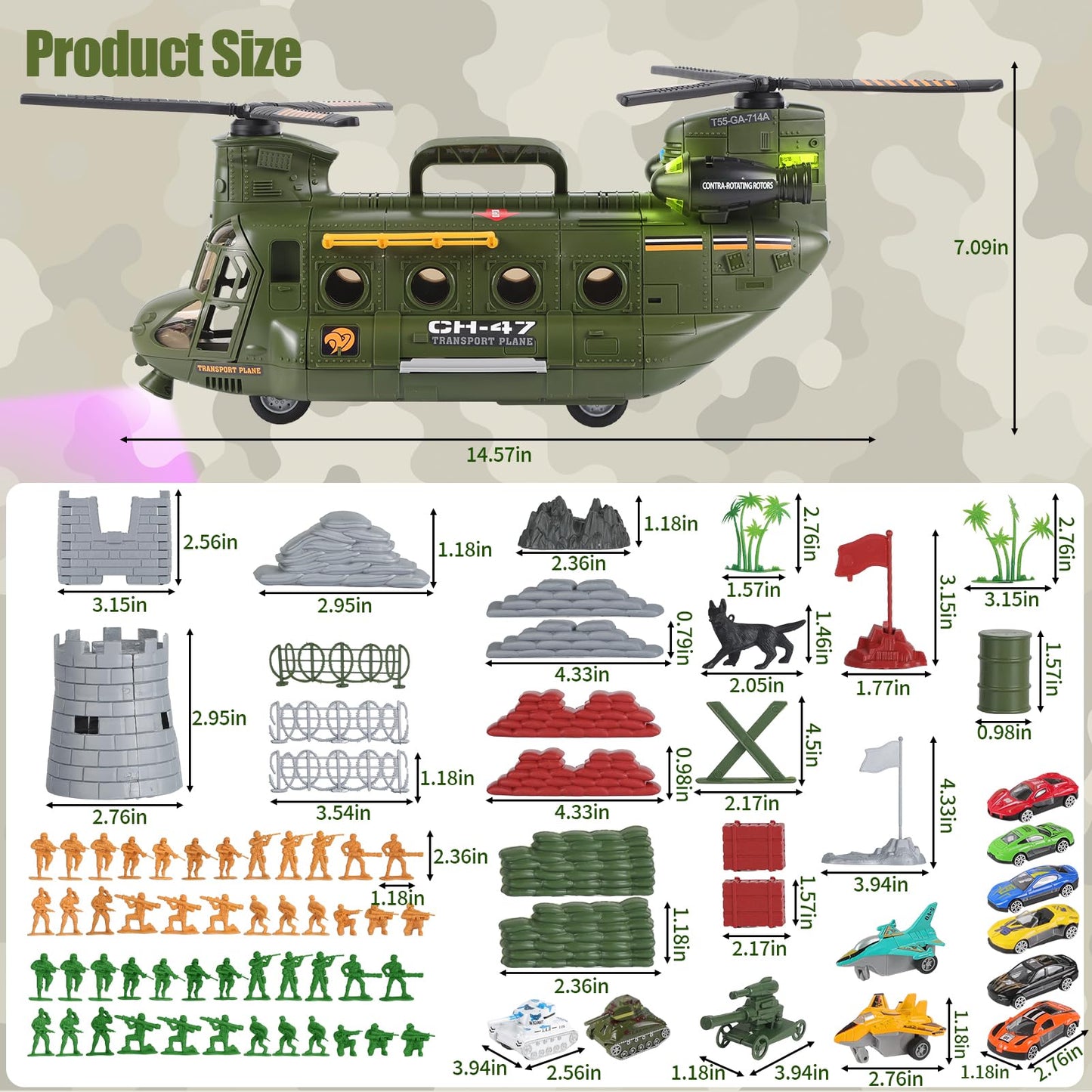 Juego de juguetes de helicóptero militar con luz