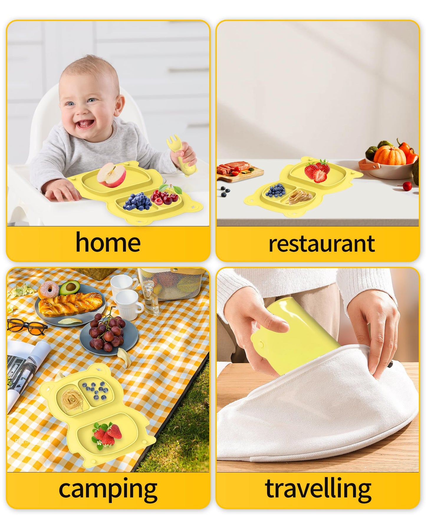 Set de plato dividido con cubiertos y babero de Silicon