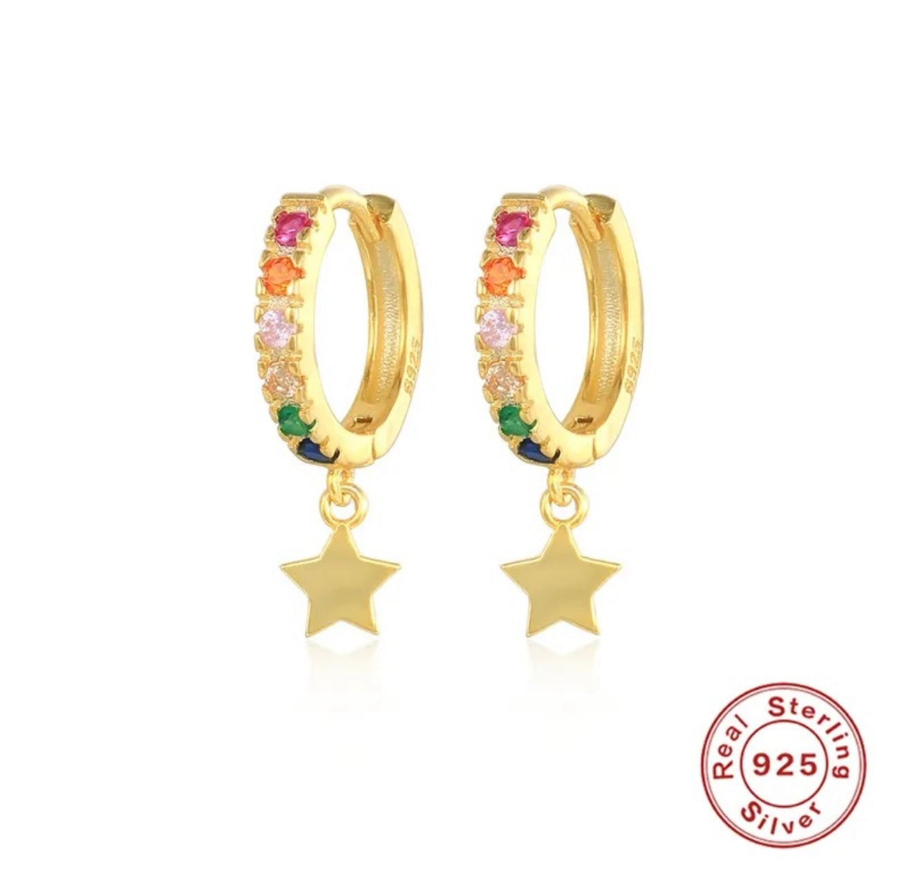 Argollitas estrella colorida para niña, plata 925