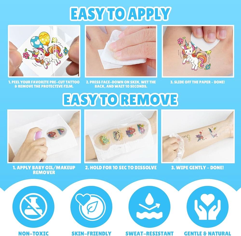 Partywind Libro de tatuajes temporales con brillo y purpurina de 192 estilos para niños, 16 temas