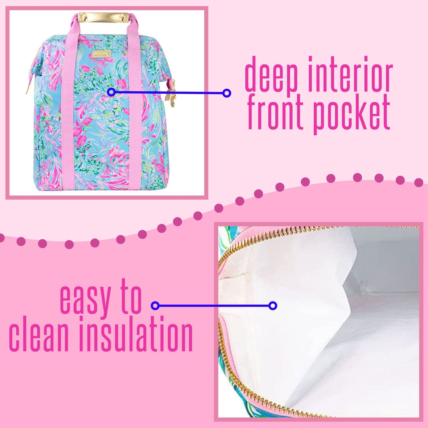 Lilly Pulitzer Mochila térmica térmica de gran capacidad, rosa/azul, portátil