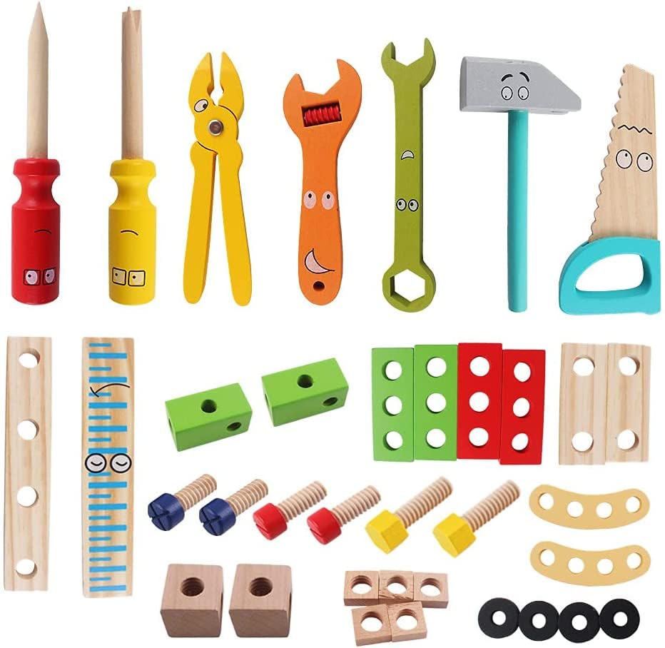 TOYARTSY Juego de caja de herramientas de madera y accesorios