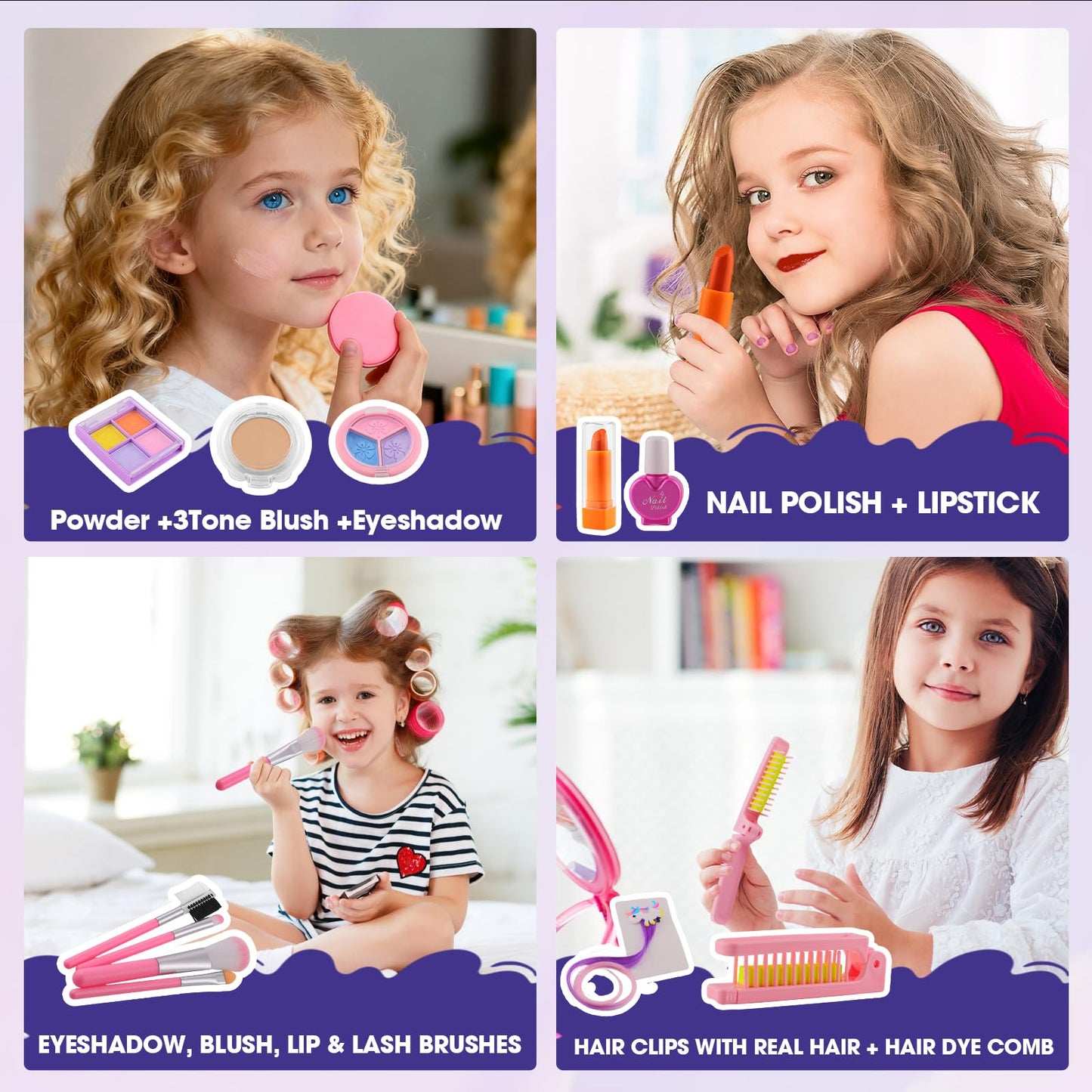 Kit de maquillaje real para niñas de 3 a 11 años, lavable, bolso de unicornio de 9 x 6 pulgadas