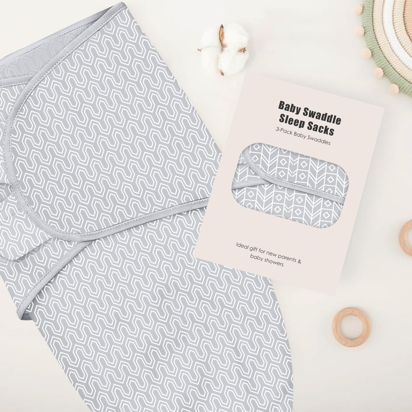 Paquete de 3 sacos de dormir envolventes para bebé de algodón, 0-3 meses