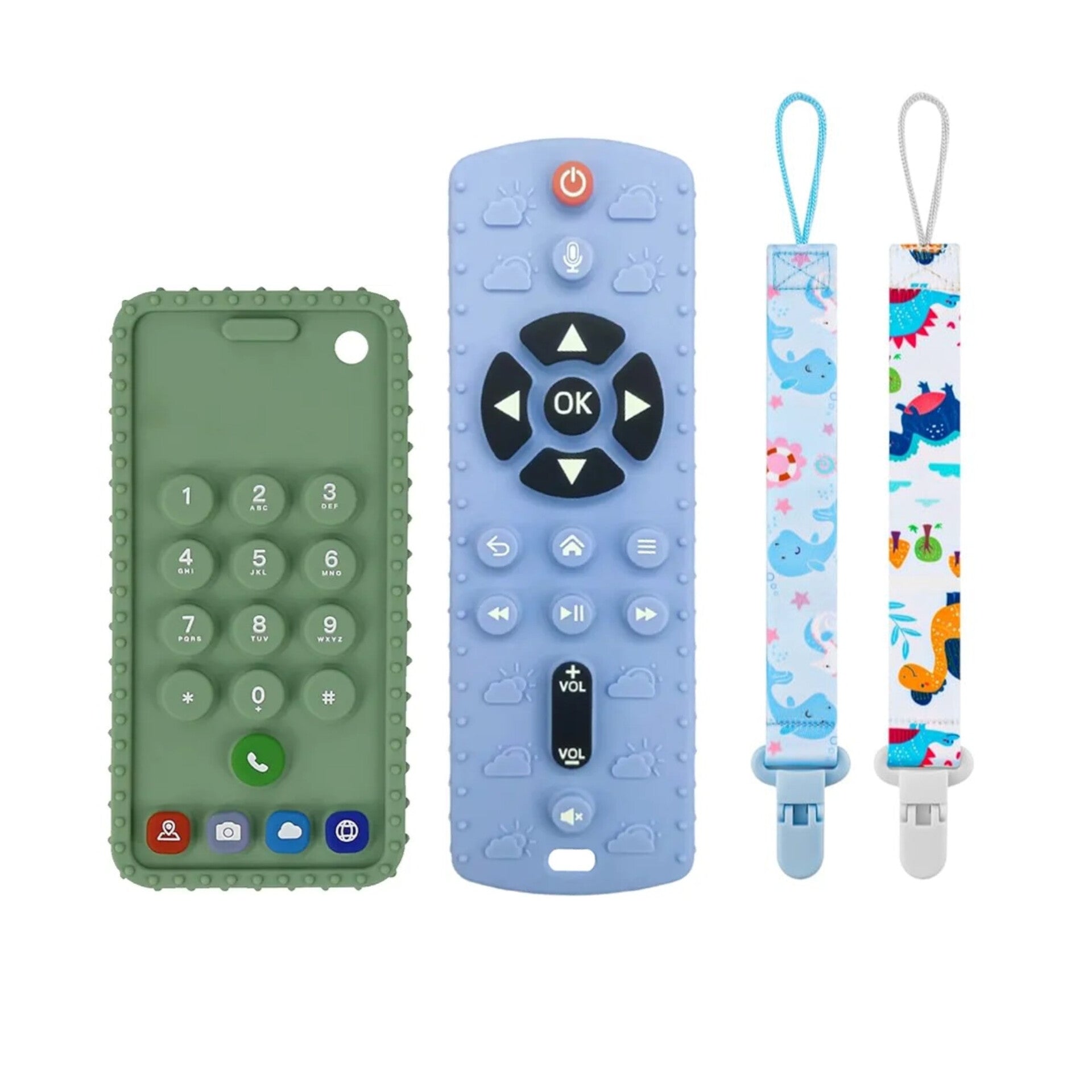 Set de mordedores con forma de control remoto y clips, azul