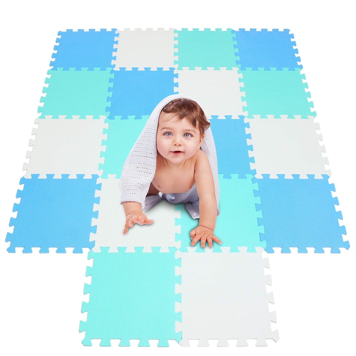 Tapete de juego de espuma para bebé, blanco, azul y verde, 16pcs 30x30cm