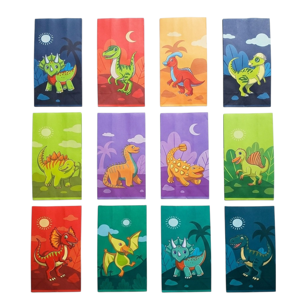 12 Bolsitas de papel Dinosaurios (incluye stickers de cierre)