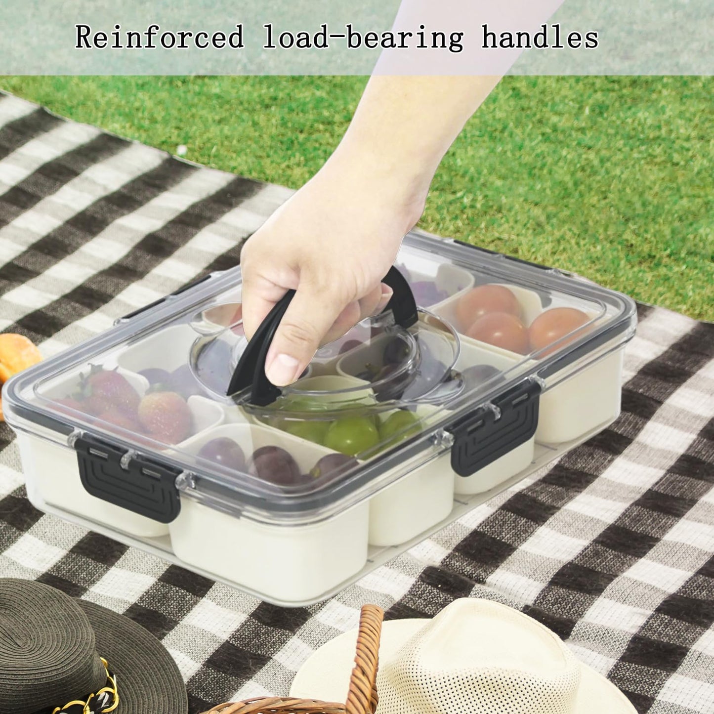 Bandeja portátil con 8 compartimentos y tapa y asa, negro