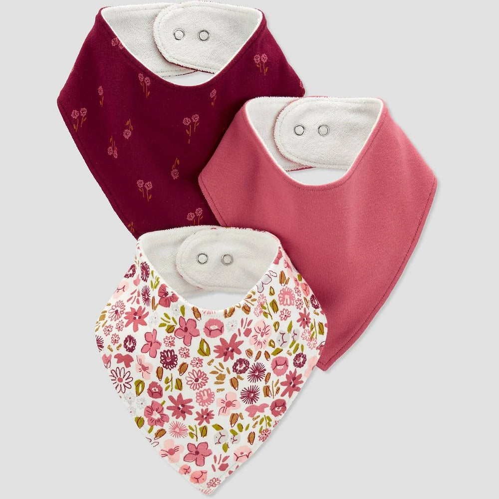 Carter's- Set de 3 baberos tipo bandana, rojo/vino/flores