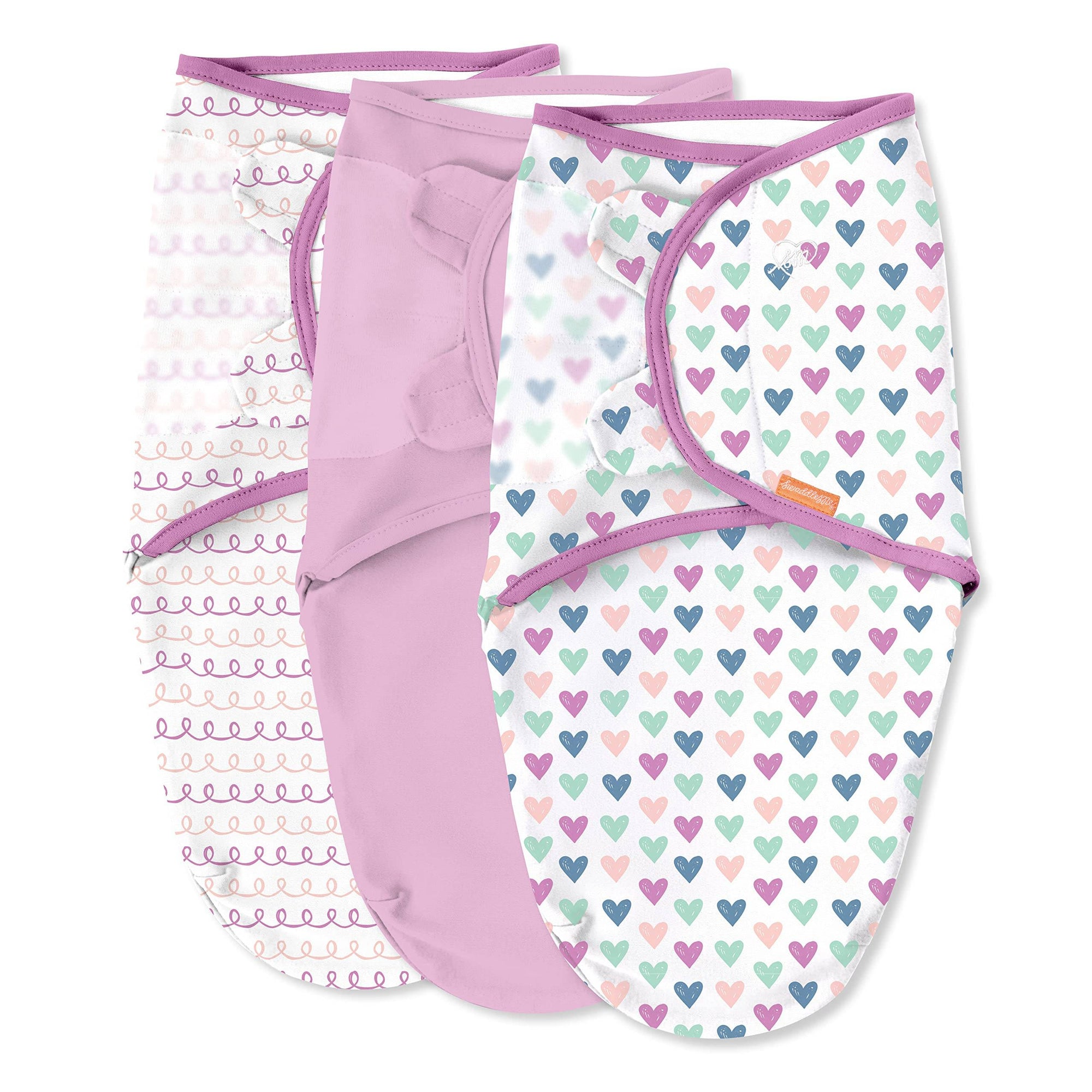 SwaddleMe Envoltura original – Tamaño pequeño/mediano, 0-3 meses, paquete de 3 (corazones y aros)