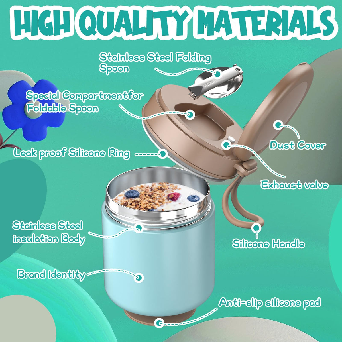 Termo para niños de comida caliente - 15.2oz con cuchara plegable y mango