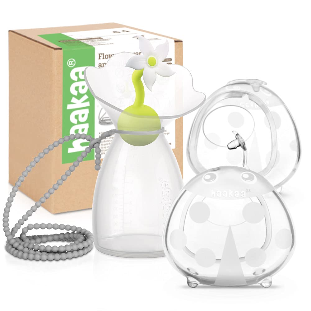 Haakaa - Bomba de silicona para mamas y conchas maternas para que madres lactantes expresen y recolecten leche materna incluye una correa de silicona y un tapón de flores