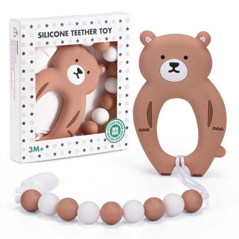 YIVEKO- Juguete mordedor de silicona para bebé con soporte para chupete de oso