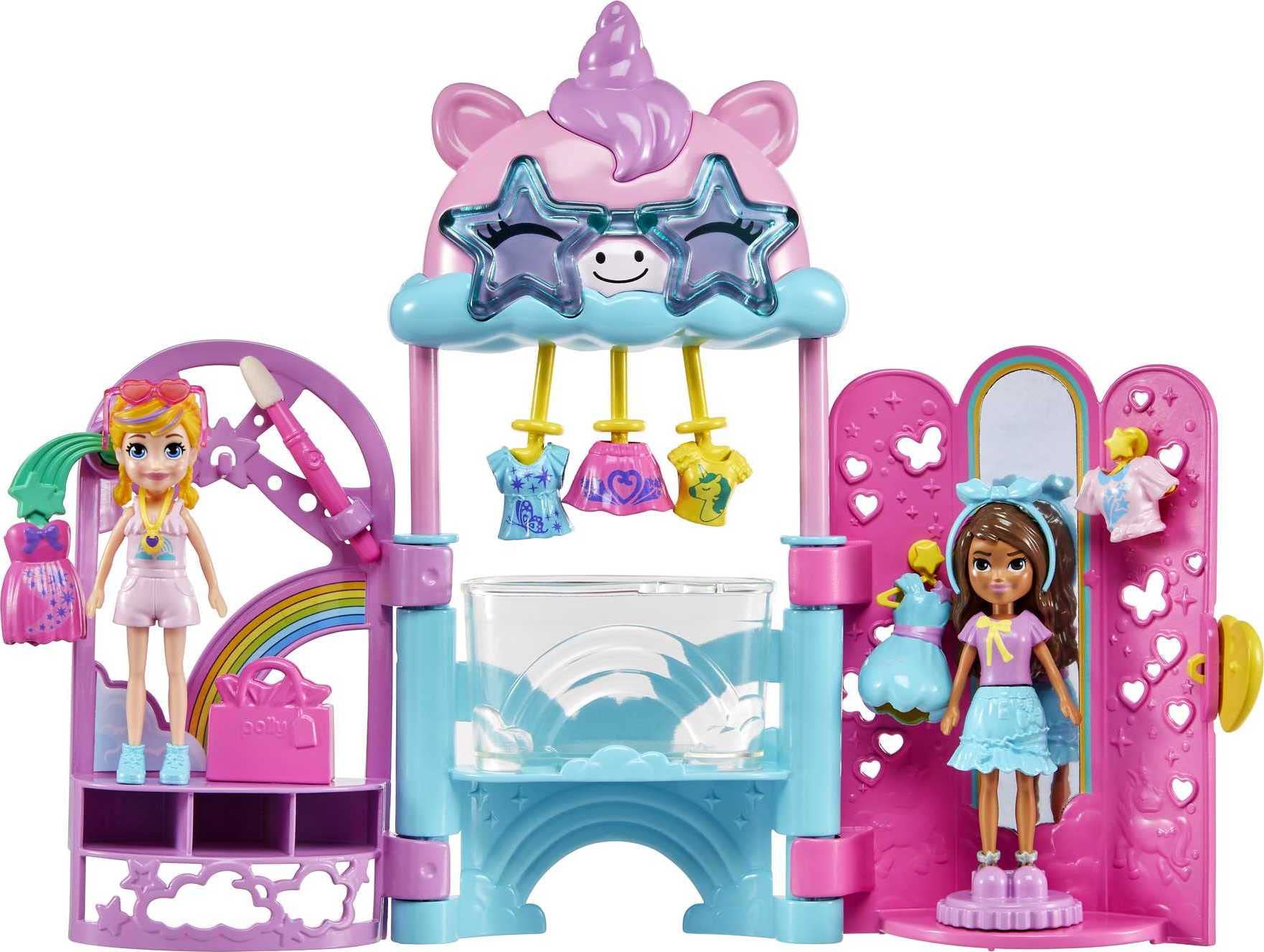 Polly Pocket Muñecas y set de juego, juguete de unicornio con 2 muñecas y 19 accesorios