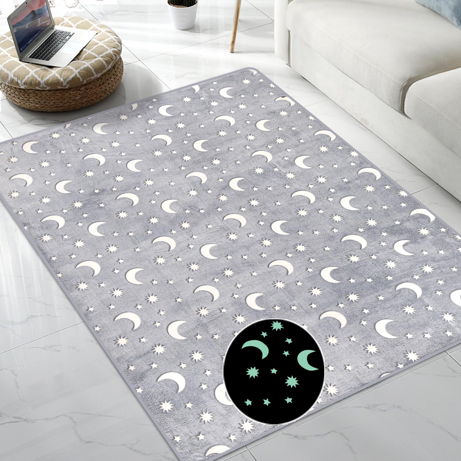 QH Alfombra gris sin costuras con patrón de estrellas y luna que brilla en la oscuridad