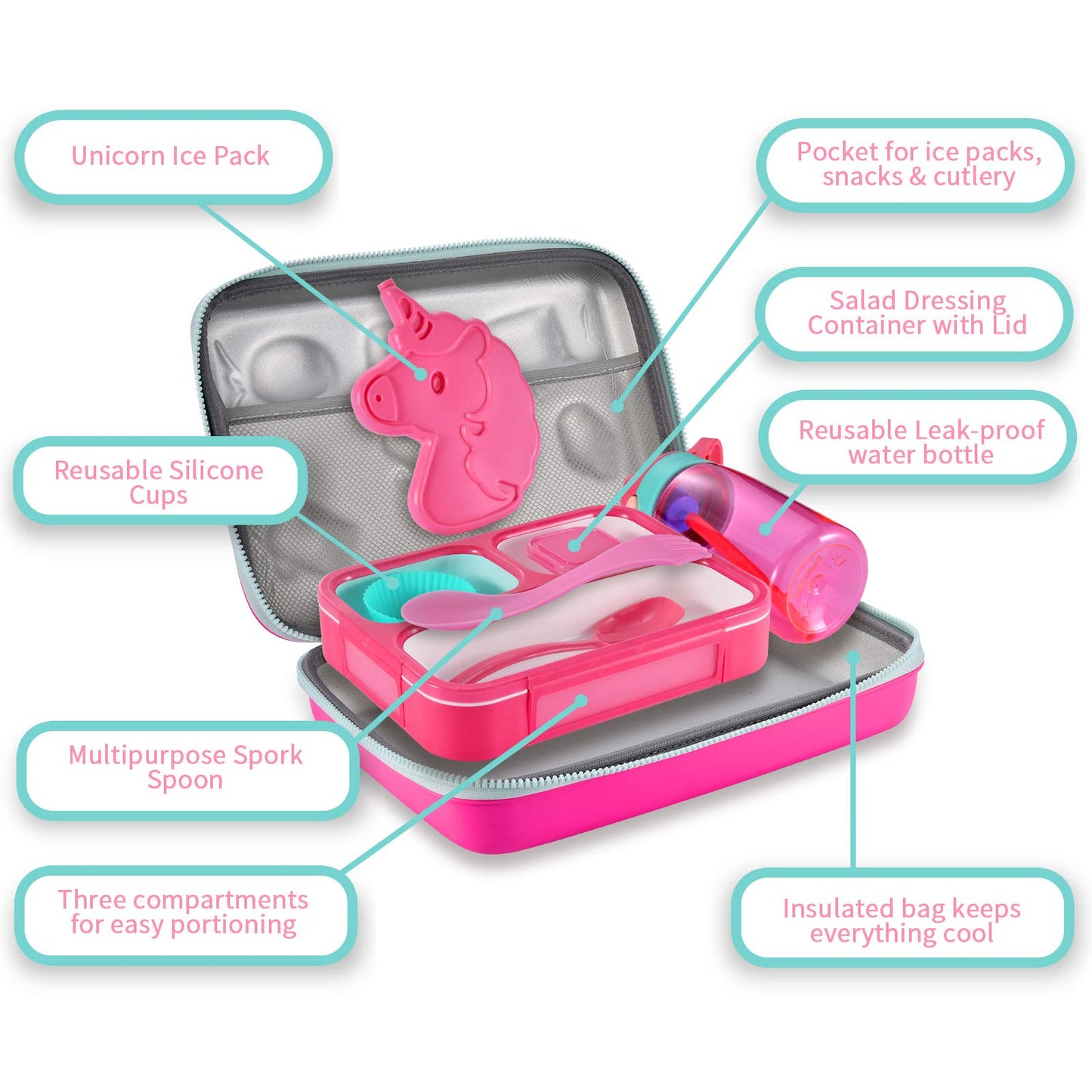 COO&KOO Juego de lonchera aislada de unicornio con 3 compartimentos