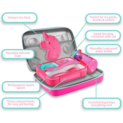 COO&KOO Juego de lonchera aislada de unicornio con 3 compartimentos