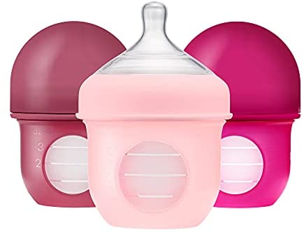 NURSH Reusable Silicone Pouch Bottle, Air-Free Feeding, 4 Ounce with Stage 1 Slow Flow Nipple Exclusive Sеt of 3, Pink